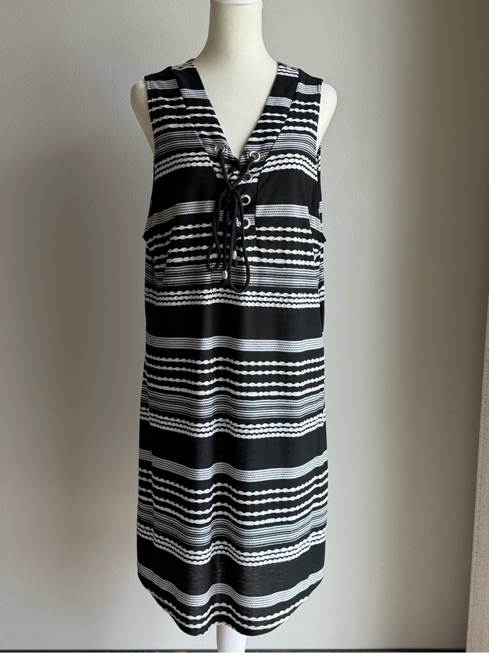 DOTTI Black & White Stripe Lace-Up Sleeveless Shift Dress/Cover Up